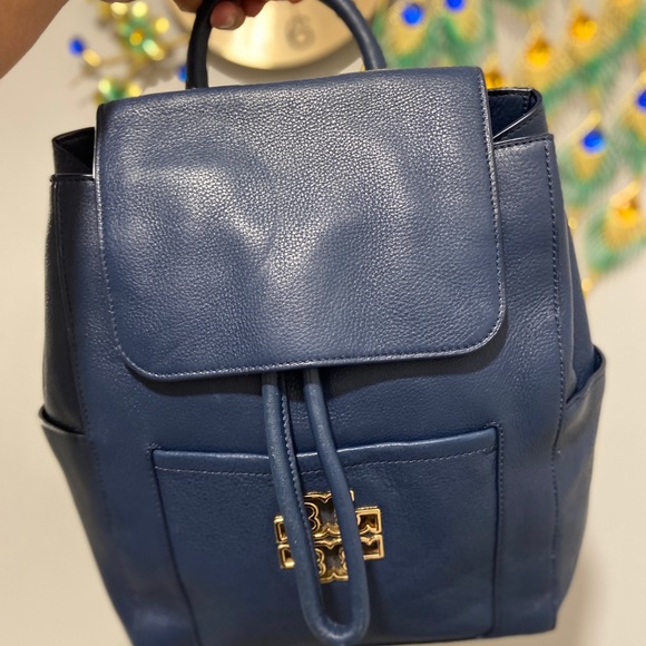 Tory Burch Britten Drawstring Blue Leather Backpack - Picture 4 of 5